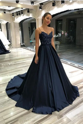 Dressystars A Line Prom Dress Spaghetti Straps Sleeveless Satin Formal Dress